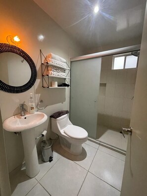 A bathroom with a sink, toilet, and shower area. - Condo en Residencial con Alberca (Durango)