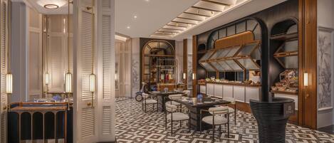 A luxurious hotel lobby with a patterned floor, a reception desk, and a dining area.