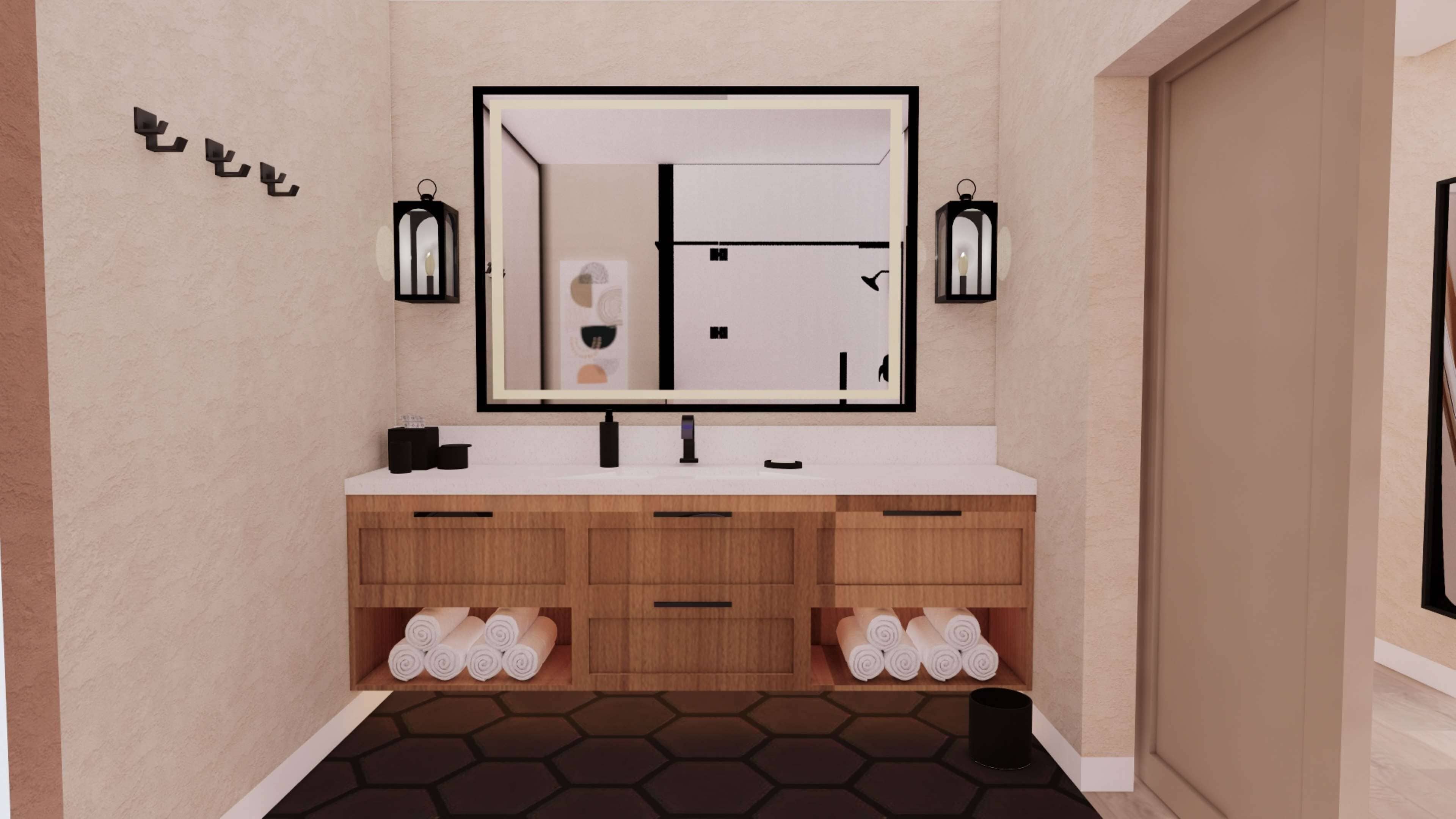 A modern bathroom with a wooden vanity, a large mirror, and two wall-mounted lanterns.