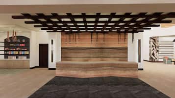 A modern interior with a central seating area, a wooden ceiling structure, and a wall with a layered texture.