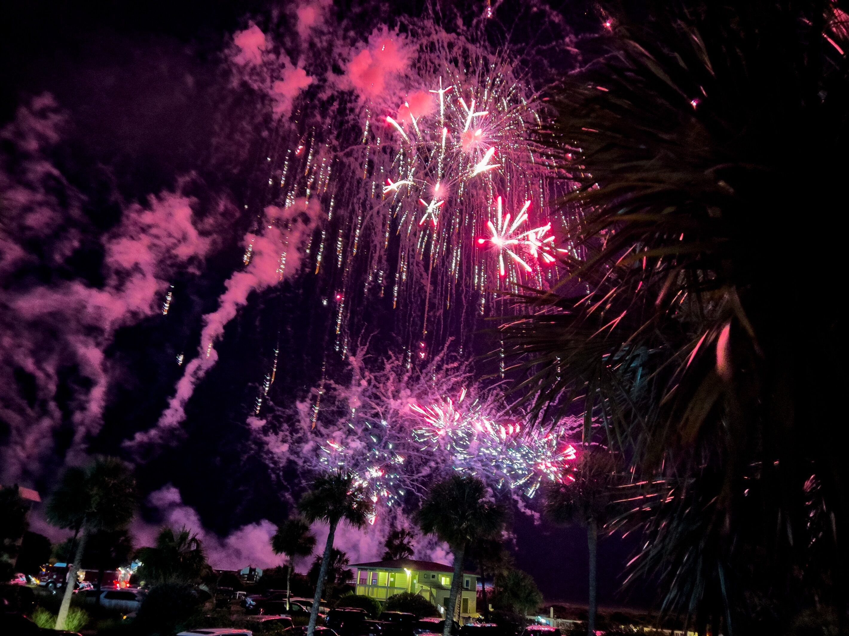 A nighttime view of fireworks with palm trees and buildings in the foreground.