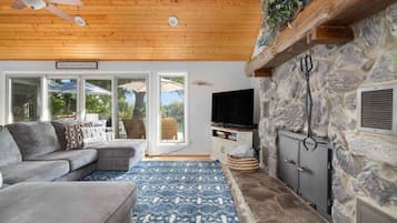 Smart TV, fireplace, DVD player, books