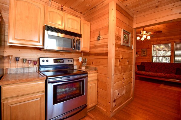 Fridge, microwave, oven, coffee/tea maker