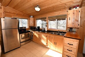 A wooden cabin kitchen with a stainless steel refrigerator, oven, and microwave. There are wooden cabinets and a sink.