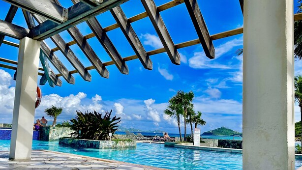 A pool area with a clear view of the ocean, a pergola structure, and palm trees.