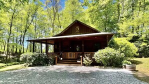 A rustic cabin with a porch, surrounded by dense forest. - "Deacon Escape", incredible and quiet getaway. (Newland)