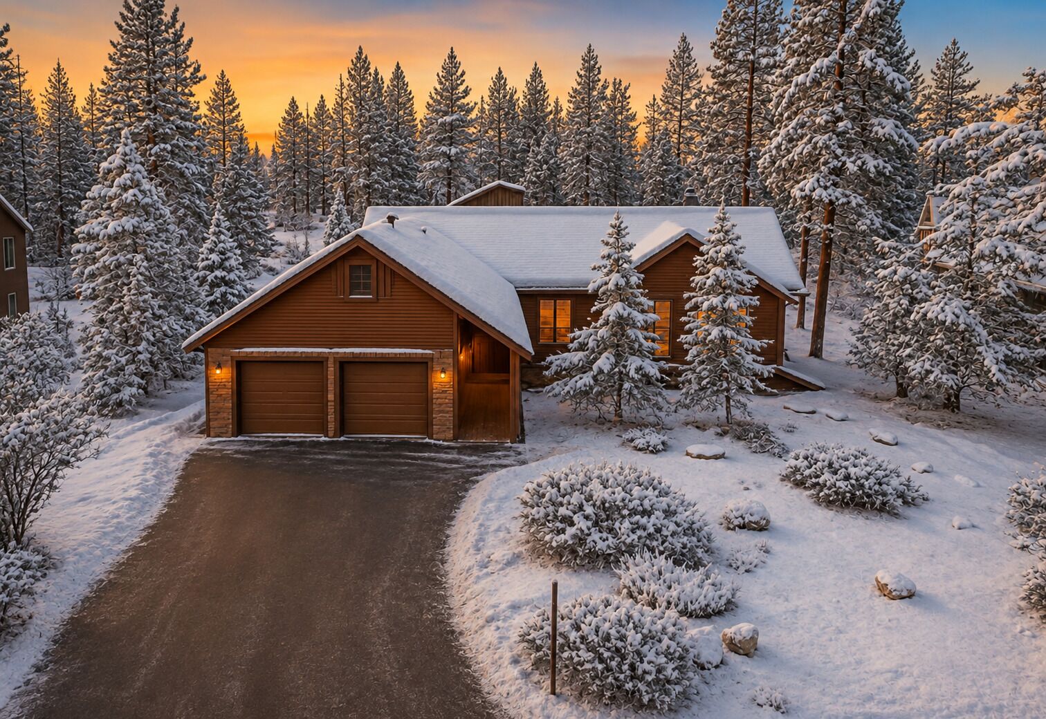 A cabin with two garage doors, surrounded by snow-covered trees and a clear sky.