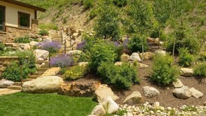 Una colina con una escalera de piedra que conduce a un edificio, rodeado de diversas plantas y rocas.