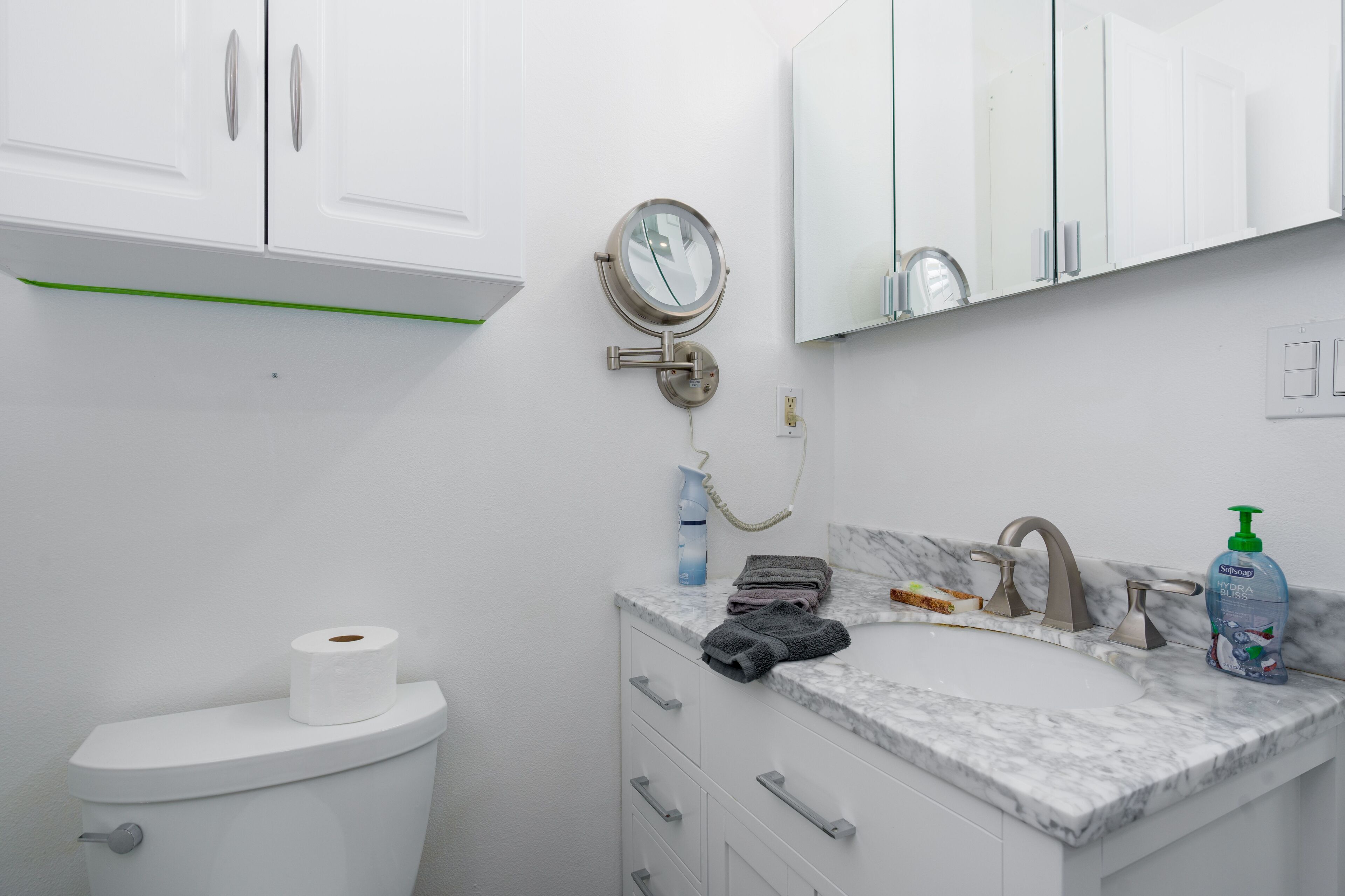 A bathroom with a toilet, sink, and mirror.