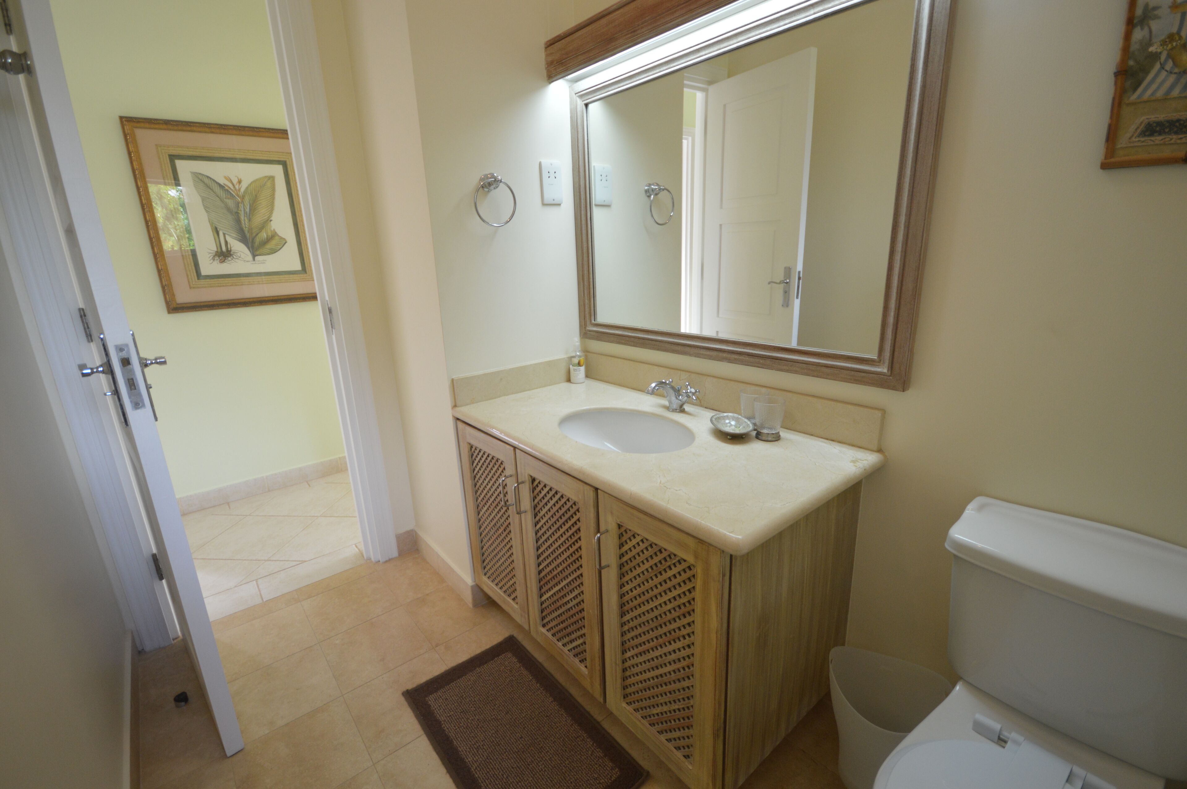 Ein Badezimmer mit Waschbecken, Spiegel, Toilette und einem gerahmten Pflanzenbild an der Wand.