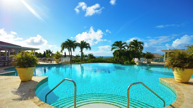A large, clear swimming pool with a sunlit sky and palm trees in the background. - The Garden Loft with pool and club house access (Mount Standfast, St. James)