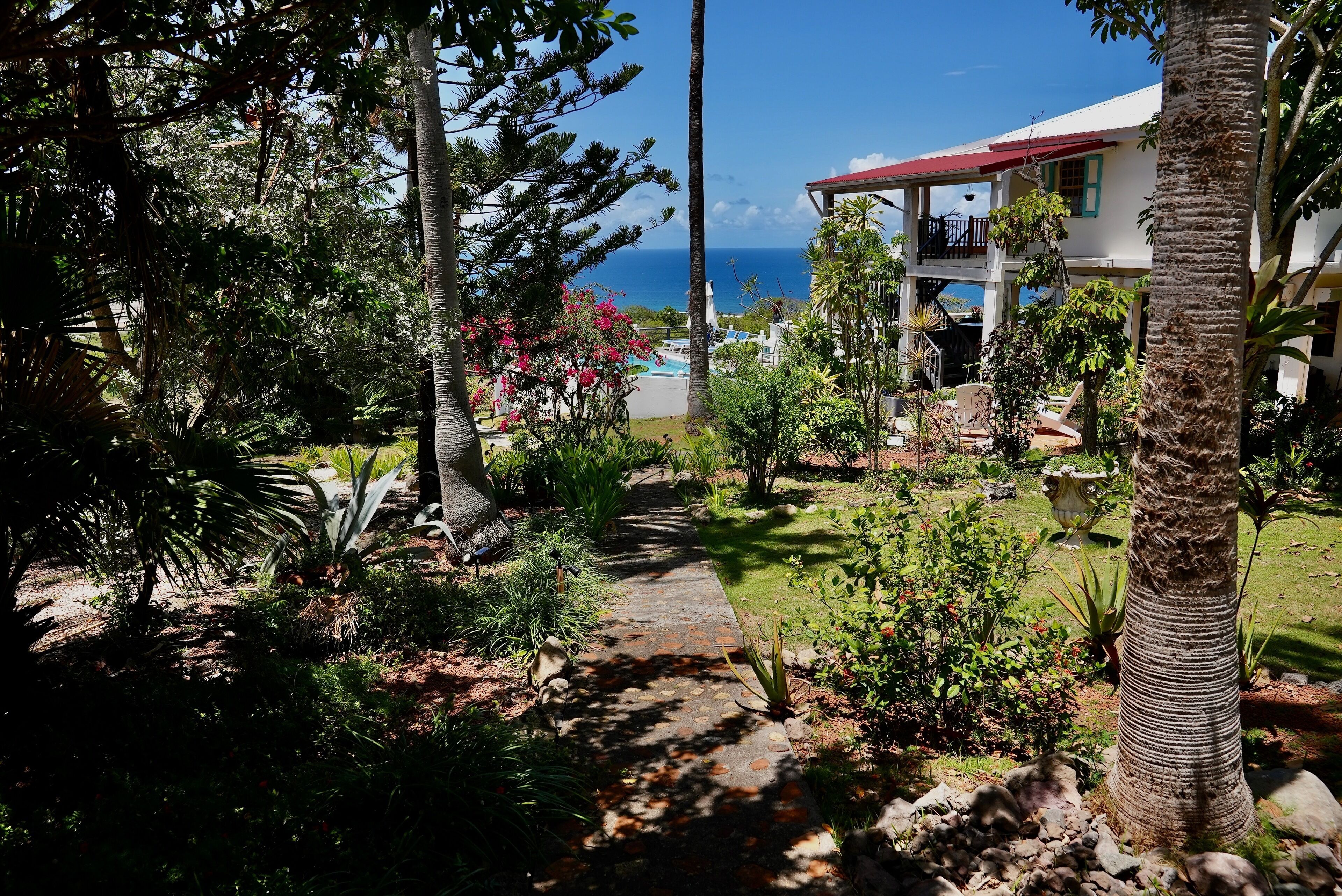 A tropical garden with a pathway leading to a building with a red roof and a balcony overlooking the ocean.