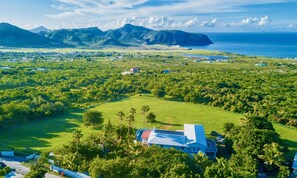 An aerial view of a coastal area with a large house surrounded by lush greenery and palm trees. -  Quill Gardens Boutique Hotel (Oranjestad)