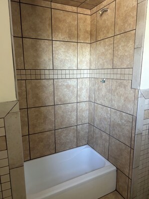 Combined shower/bathtub, hair dryer, towels, soap