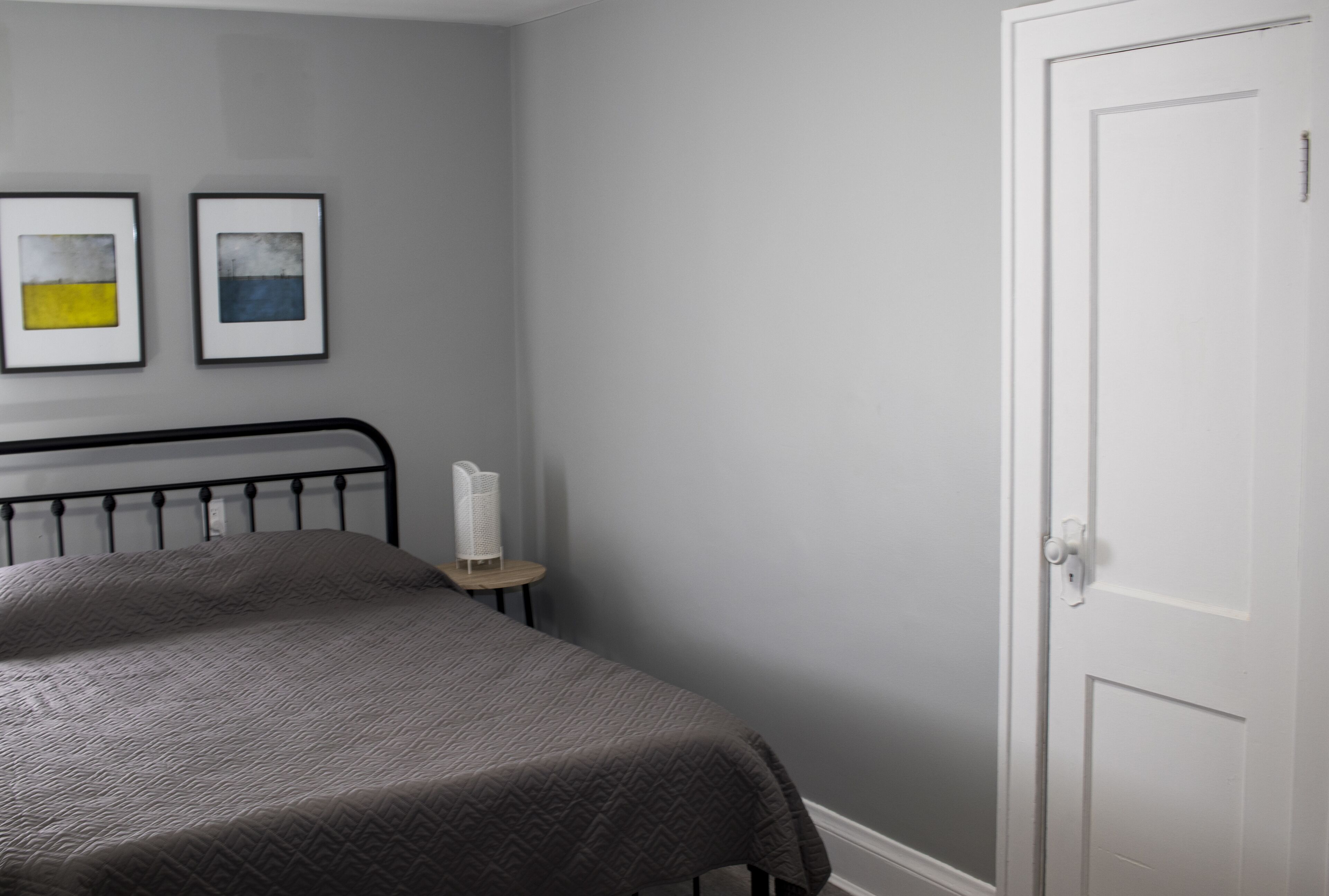 A bedroom with a bed, a white door, and two framed pictures on the wall.