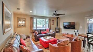 TV connectée, cheminée, livres