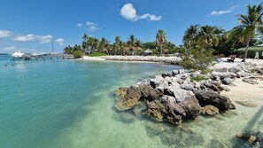 A beach with clear turquoise water, rocky shoreline, palm trees, and a dock with boats. - OPEN WATERFRONT [not canal] HOUSE [not duplex] Snorkel right from your backyard  (Marathon)