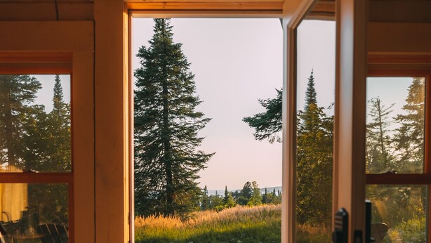 L’intérieur d’une cabine, avec une porte en bois donnant sur une terrasse, une petite table et un banc.