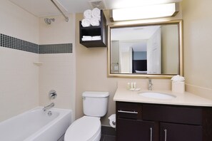 Hair dryer, towels, soap, shampoo