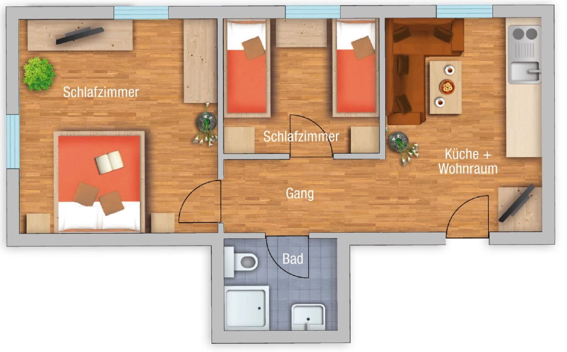 Planta baixa de um hotel com duas suítes, cozinha, sala de estar, banheiro e sala de jantar.