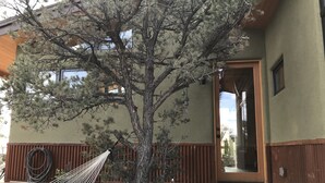 A building with a stone-paved entrance, a hammock, and a tree in the foreground.