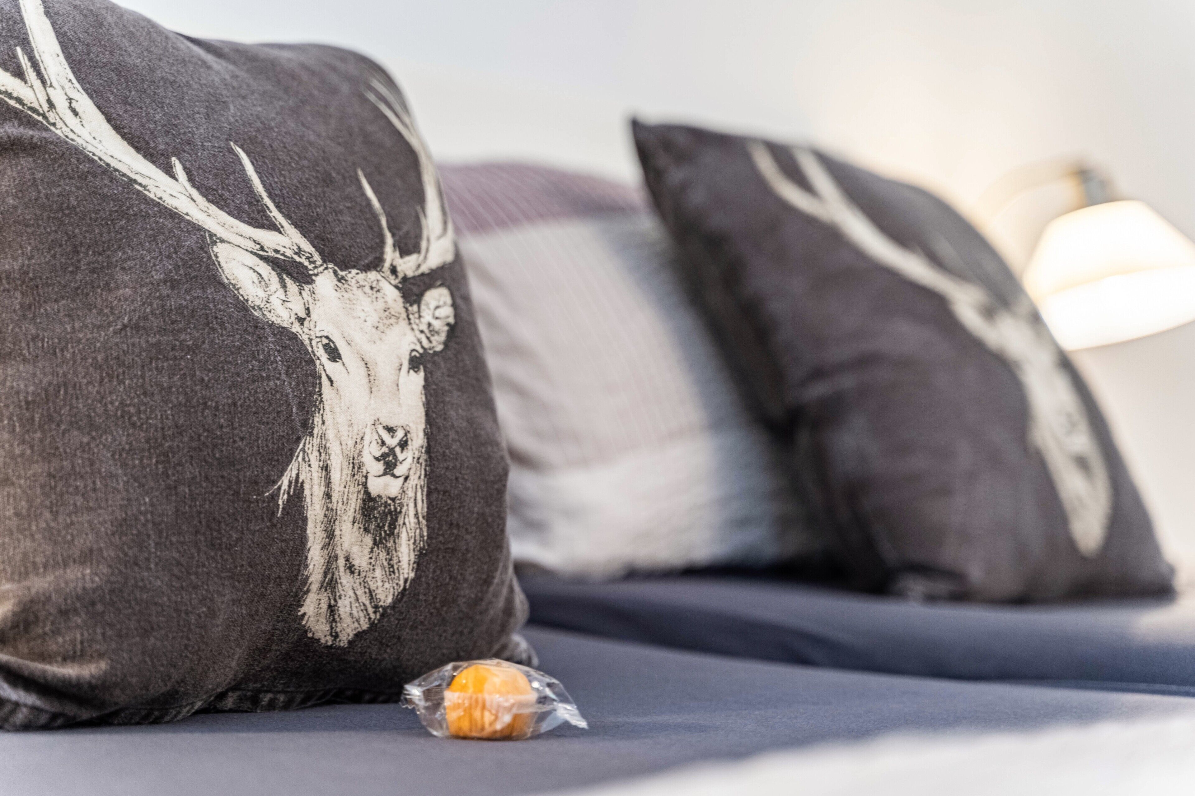 A bed with two pillows featuring a deer design, a small orange object on the bed, and a lamp in the background.