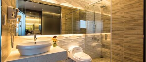 Shower, rainfall showerhead, hair dryer, towels