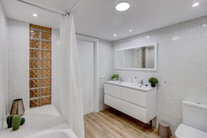 Combined shower/tub, hair dryer