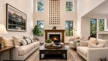 Smart TV, fireplace, books, offices