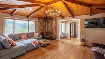 Télévision, cheminée, table de tennis de table, chaîne hi-fi