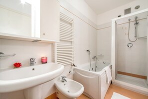 Combined shower/tub, hair dryer, bidet, towels