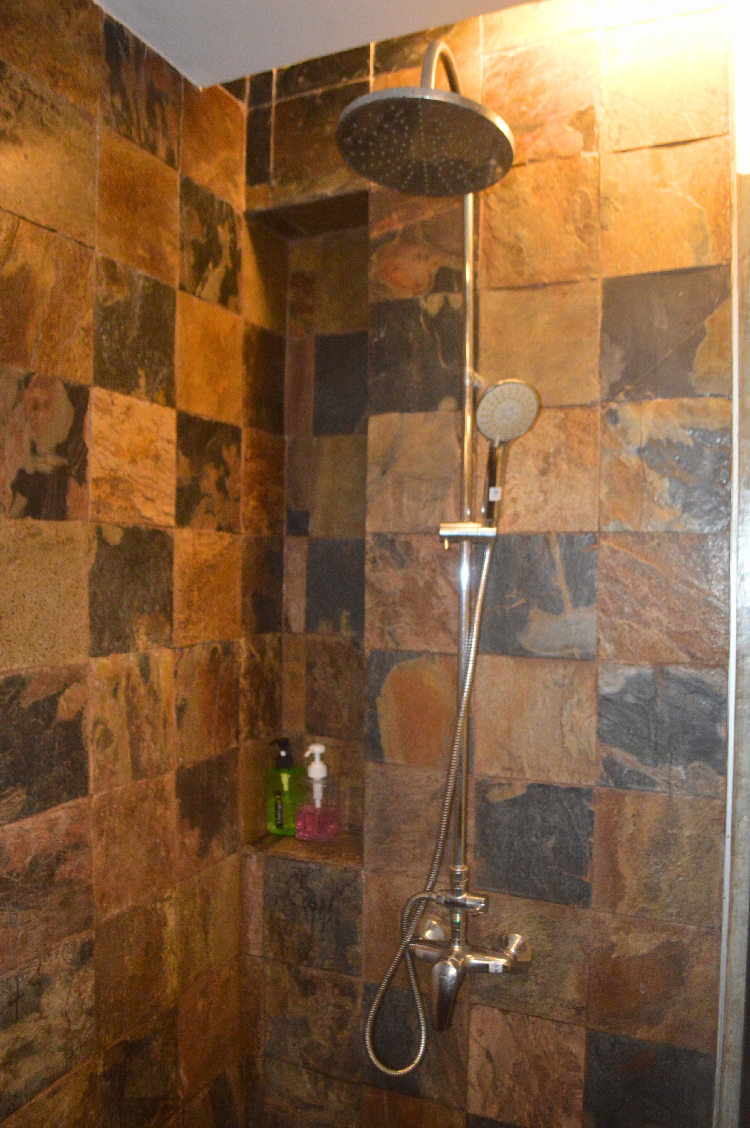 A shower with a handheld showerhead and a wall-mounted control.