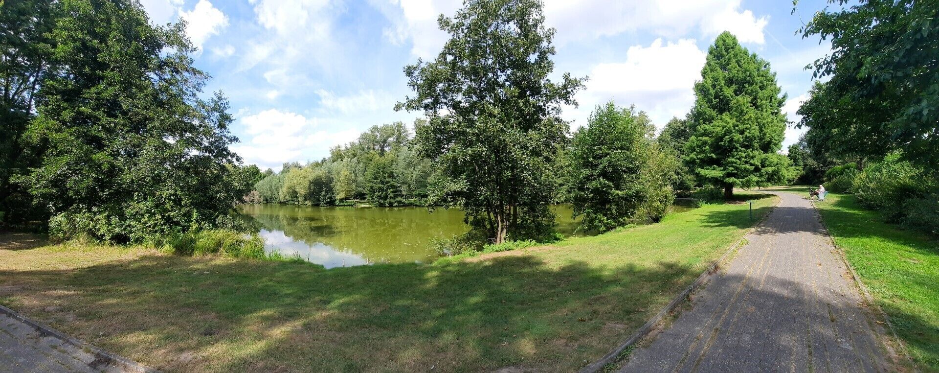 Un sentier pavé longe un lac paisible, bordé d’une végétation luxuriante et de grands arbres.