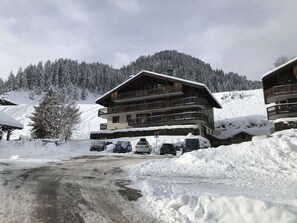 A multi-story wooden building with balconies, surrounded by snow-covered trees and a mountainous backdrop.