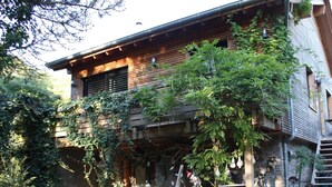 Un edificio in legno rustico con un balcone, immerso nel verde e decorato con piante in vaso.