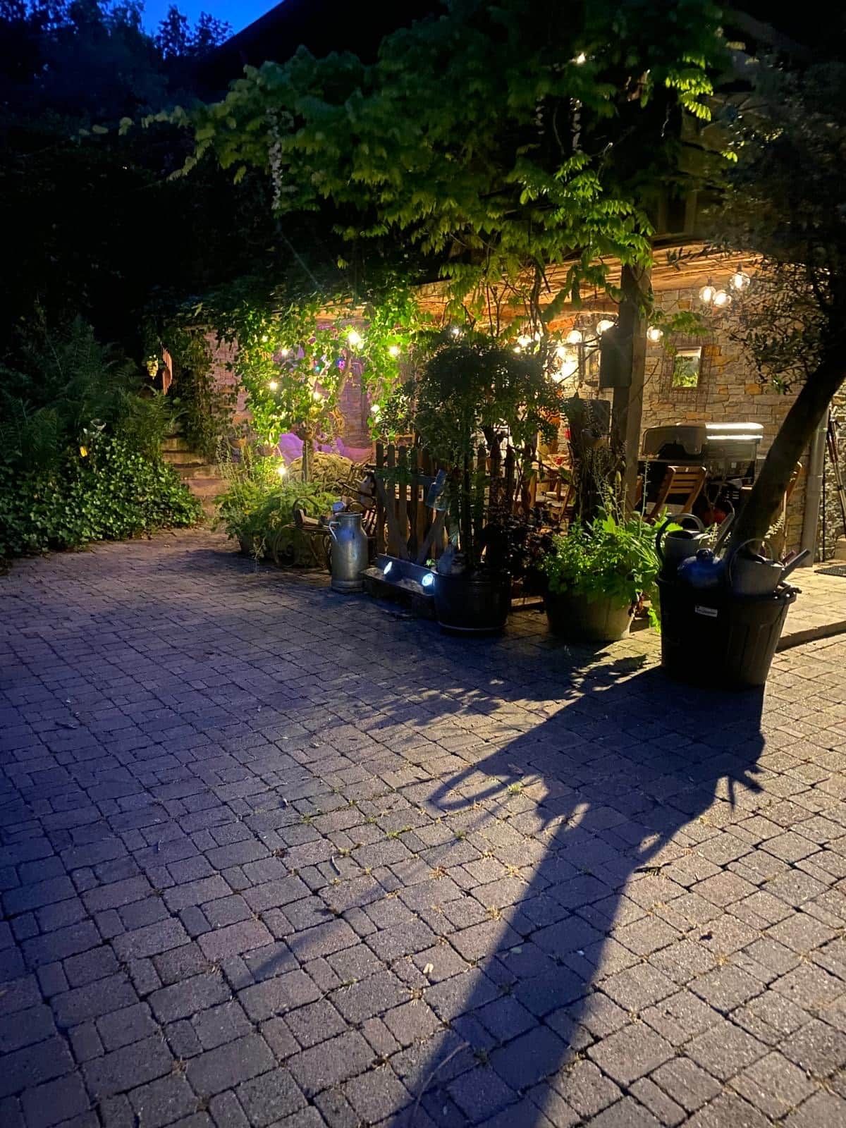 An outdoor patio area with brick flooring, potted plants, and a stone wall in the background.