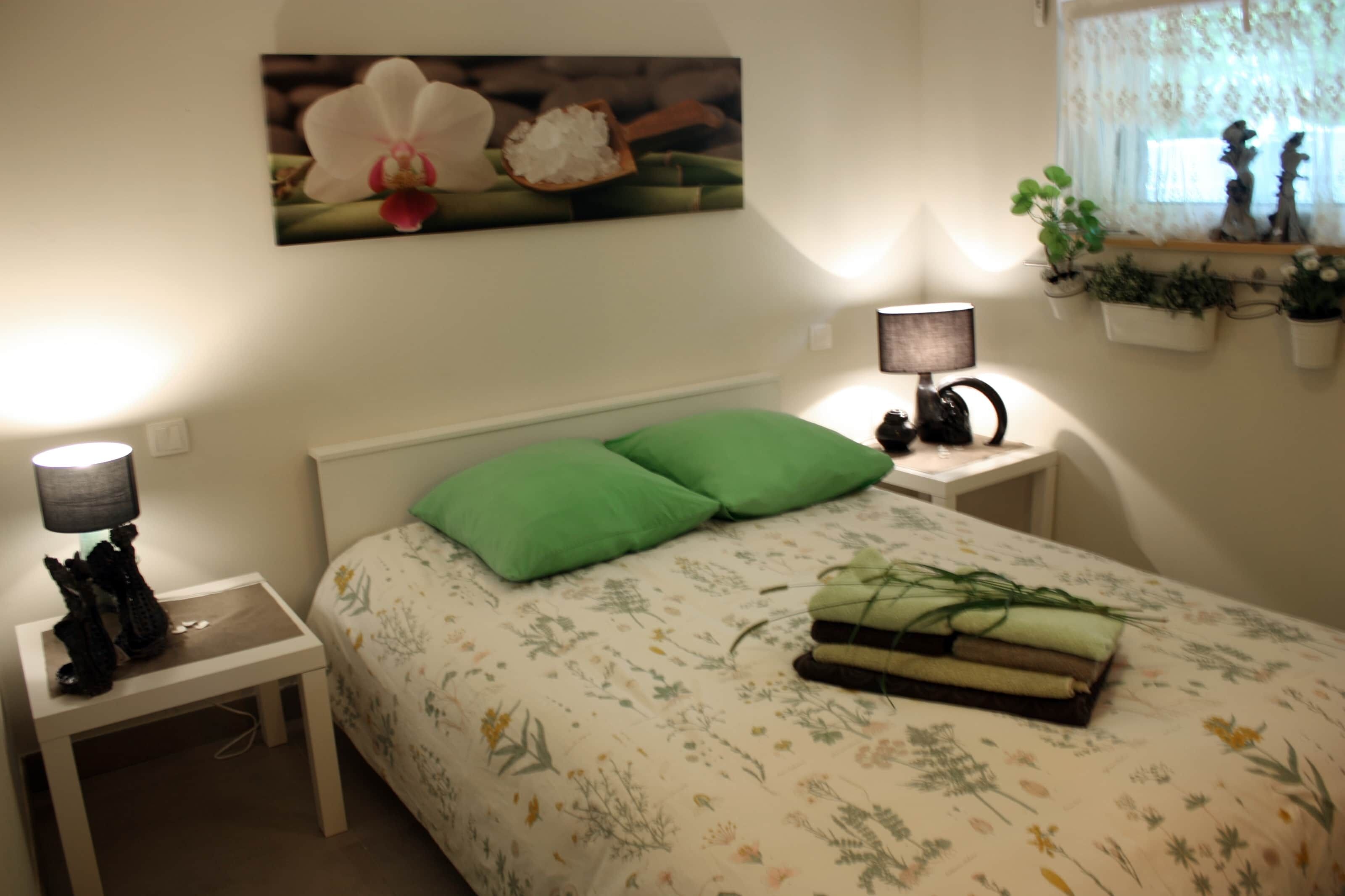 Quarto com cama, almofadas verdes, mesa de cabeceira com abajur, prateleira na parede com plantas e uma pintura de uma orquídea.