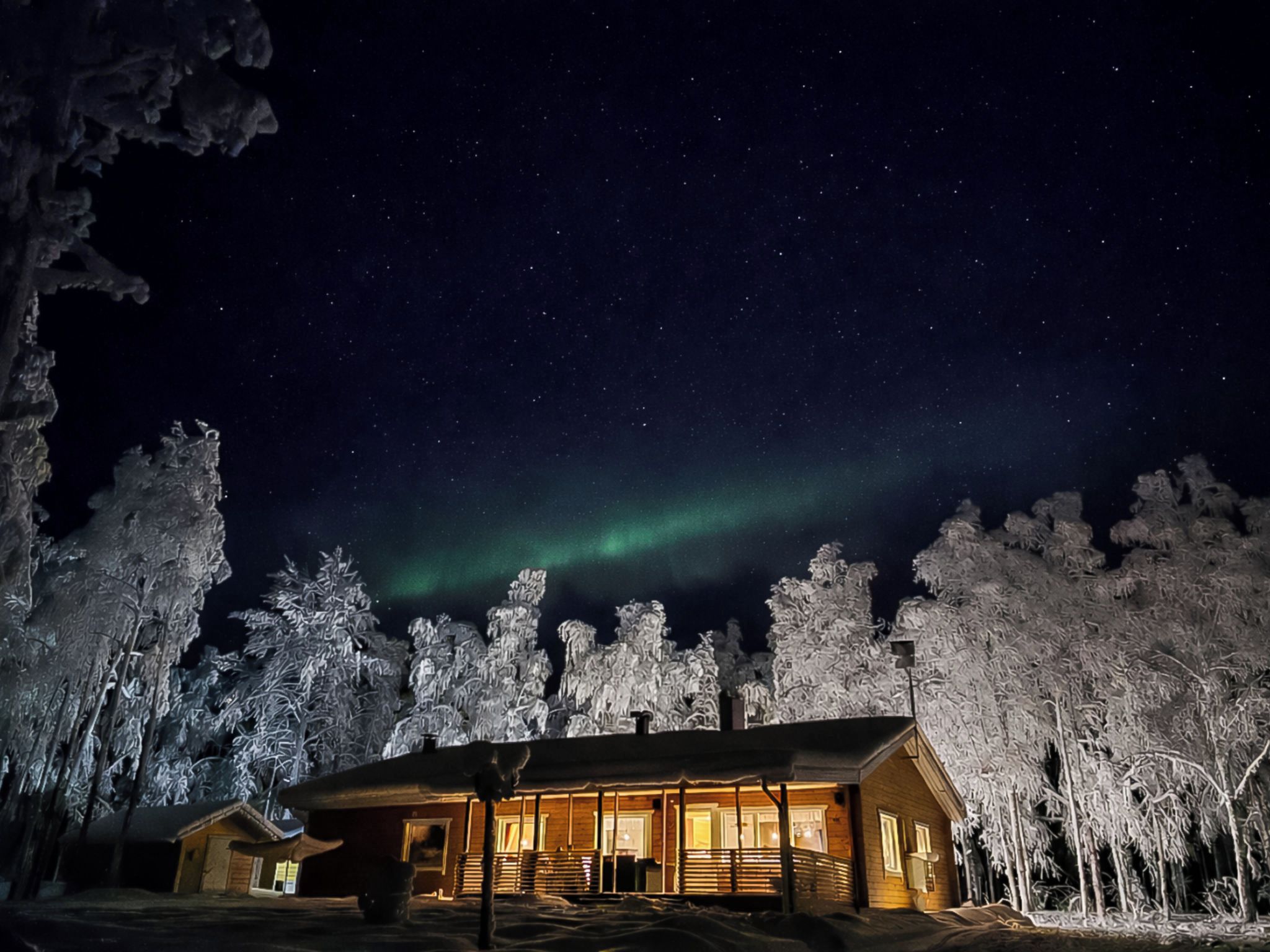 A cabin with a wooden exterior, surrounded by snow-covered trees, under a starry night sky with the aurora borealis.