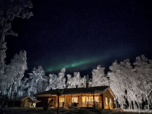 A cabin with a wooden exterior, surrounded by snow-covered trees, under a starry night sky with the aurora borealis. - Oravajärven talo (ent. suomela) by Interhome (Ranua)