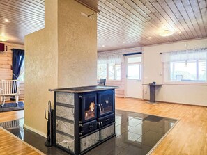A room with a large, dark-colored wood-burning stove, a wooden ceiling, and a view through a window.