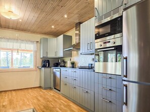 A modern kitchen with grey cabinets, stainless steel appliances, and a wooden ceiling. - Oravajärven talo (ent. suomela) by Interhome (Ranua)