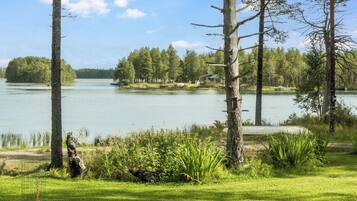 A lakeside property with a grassy area, trees, and a small cabin.