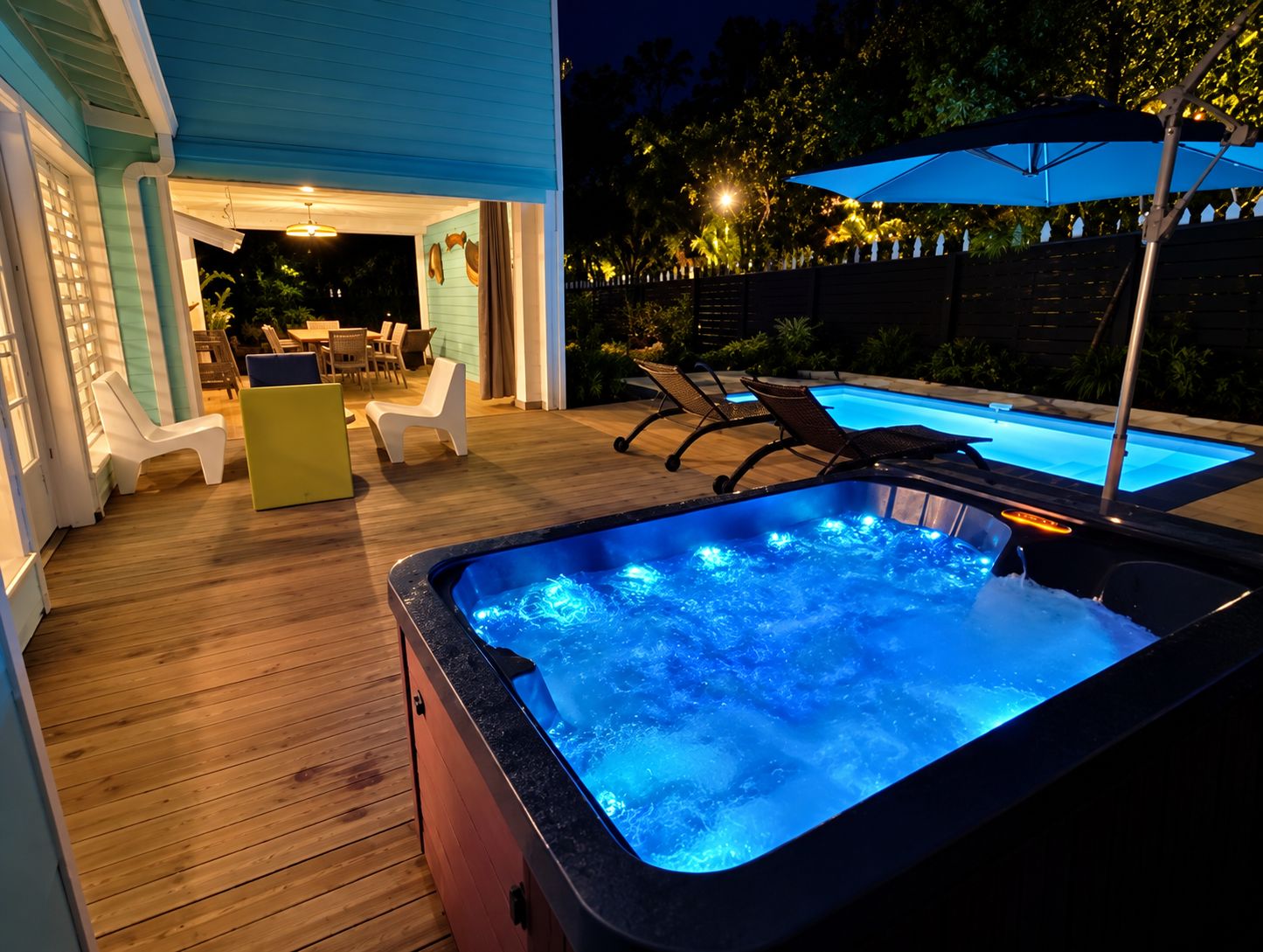 Ein Whirlpool mit Holzterrasse, Sitzgelegenheiten im Freien und einem Pool.