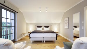 A modern bedroom with a large bed, bedside tables, a large window, and a view of the outdoors. - Reetdachhaus in Dranske (Dranske)