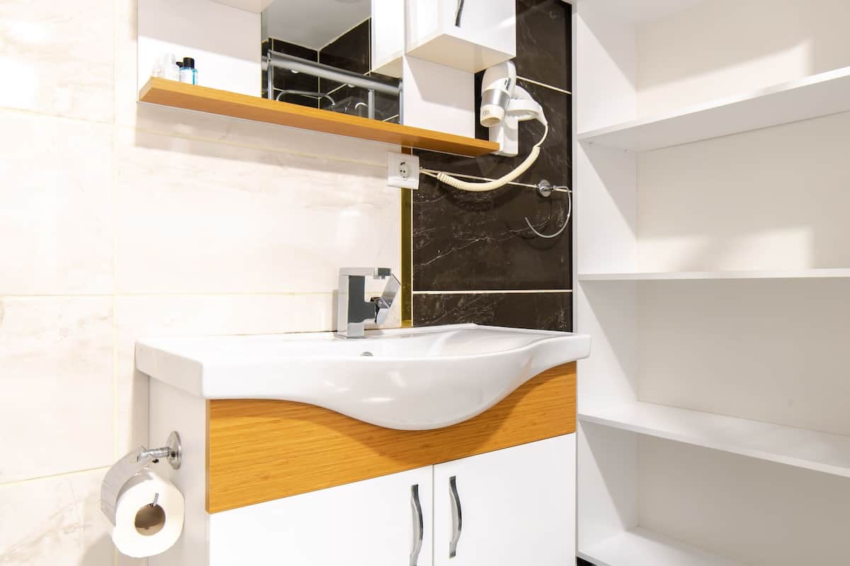standard studio | bathroom | shower, rainfall showerhead, hair dryer, heated floors