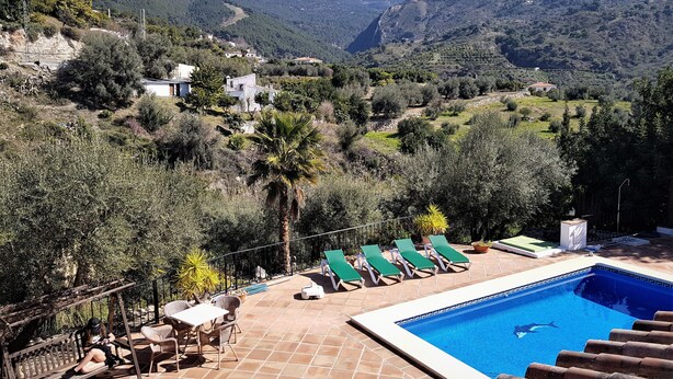 Un área de piscina con vistas a las montañas, mobiliario exterior y una palmera.