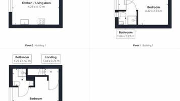 Planos de un edificio de dos pisos, que incluyen cocina-sala de estar, habitaciones y un baño.