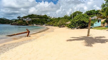 On the beach, sun-loungers, beach towels