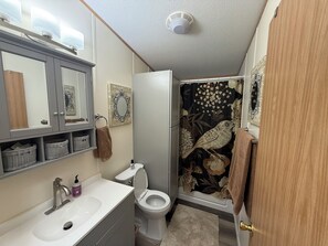 Een bad/douchecombinatie, een haardroger, handdoeken, zeep