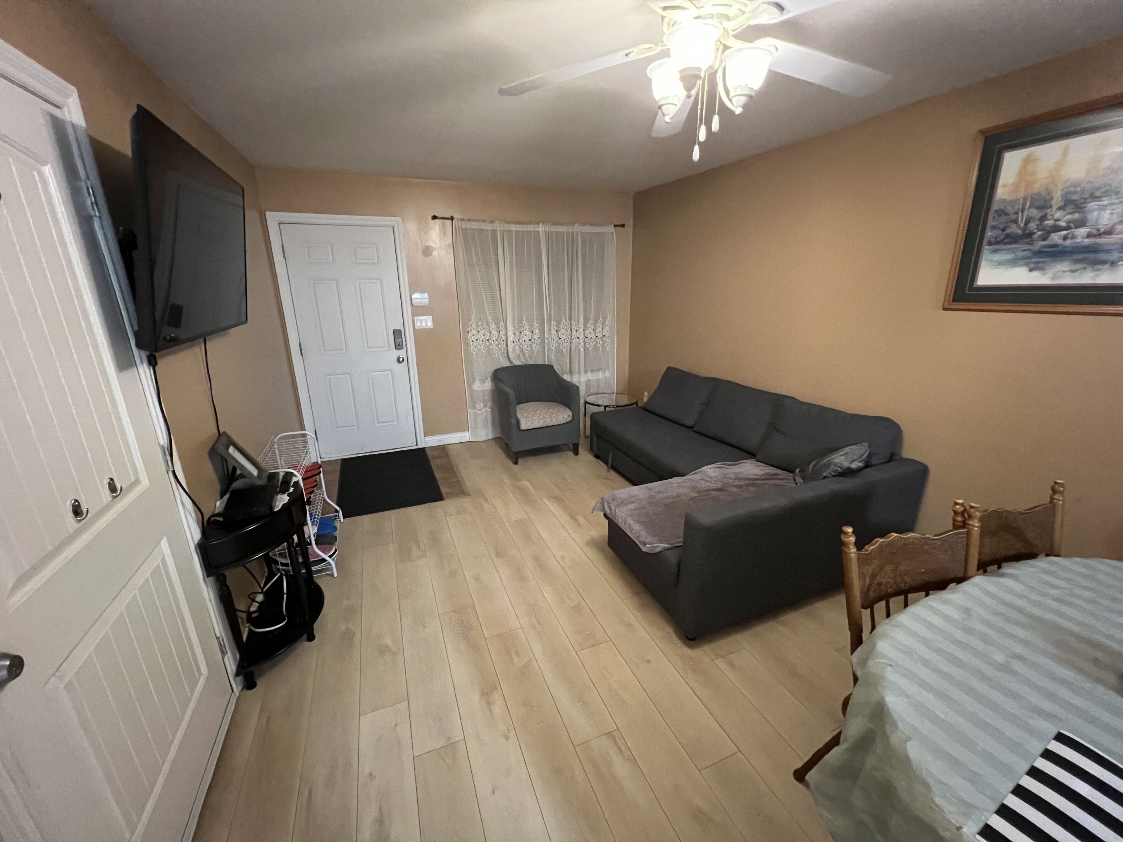 Una habitación con un sofá gris, una mesita, un ventilador de techo y una puerta con un televisor montado encima.
